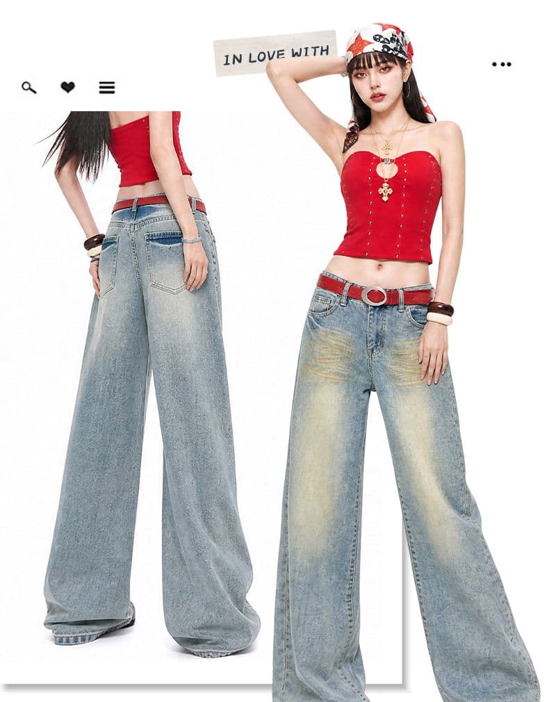 마 오래된 dirty fit 세련된 워싱 헤일로 염색 더러운 더러운 청바지 넓은 다리 캐주얼 스트레이트 팬츠 여성 상세 이미지 1
