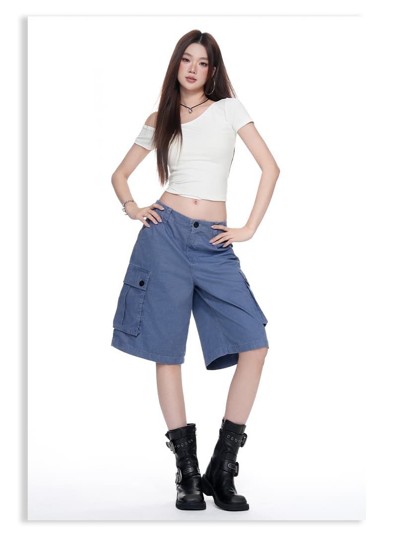 아메리칸 레트로 법 일 블루 빅 포켓 루즈핏 데님 다섯 노동 분업 바지 여성 상세 이미지 12