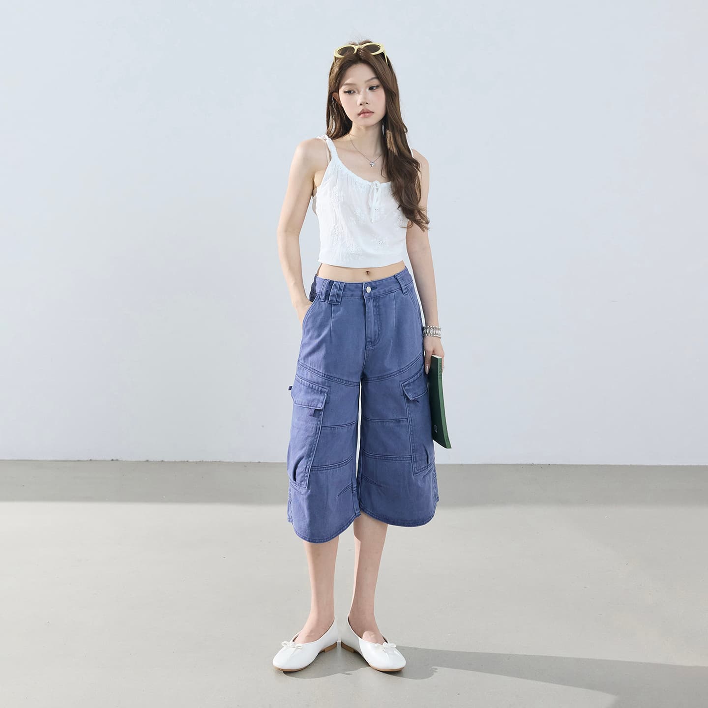 아메리칸 레트로 루즈핏 와이드 레그 팬츠 다용도 기타 주머니 워크웨어 7부 바지 청바지 여성 여름 이미지 2