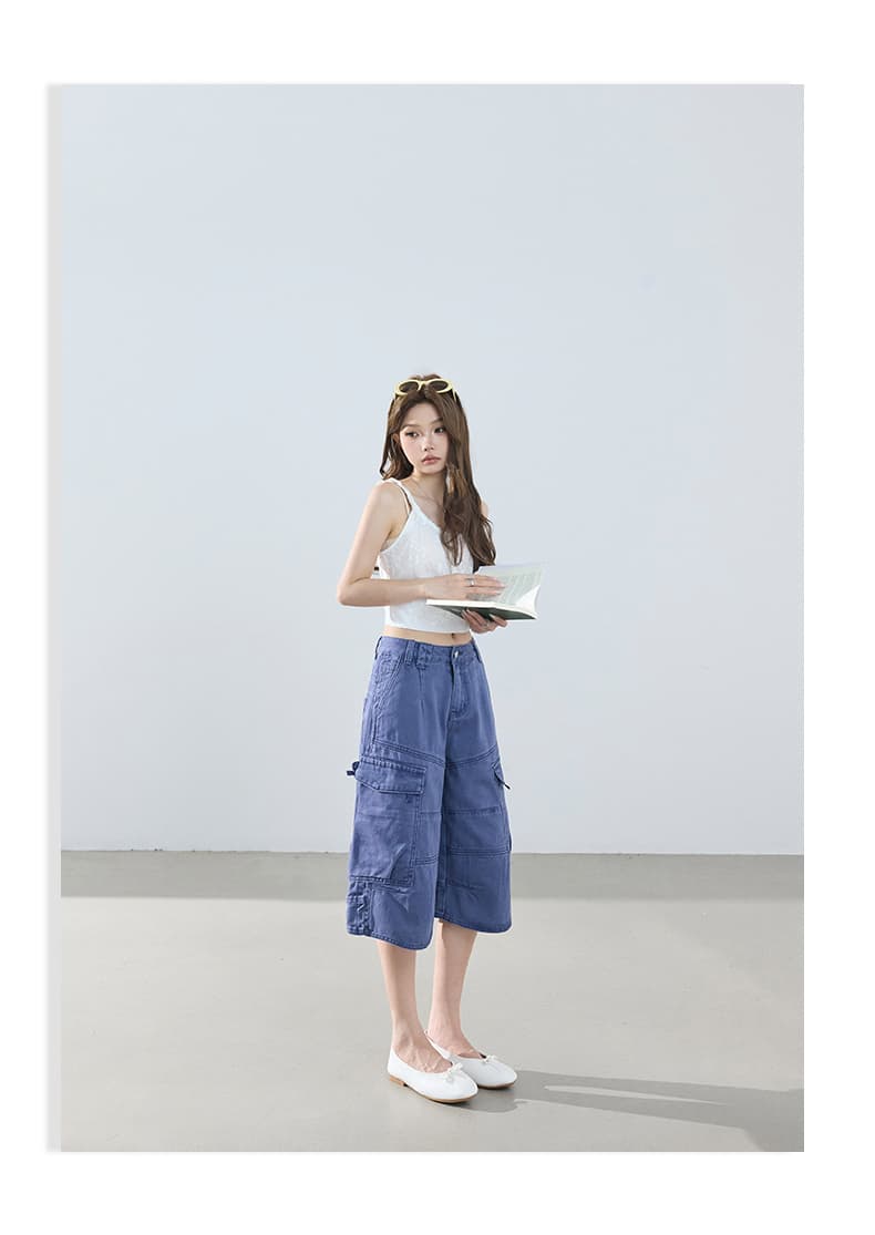 아메리칸 레트로 루즈핏 와이드 레그 팬츠 다용도 기타 주머니 워크웨어 7부 바지 청바지 여성 여름 상세 이미지 9