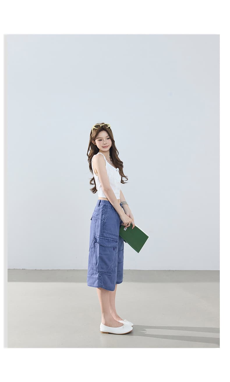 아메리칸 레트로 루즈핏 와이드 레그 팬츠 다용도 기타 주머니 워크웨어 7부 바지 청바지 여성 여름 상세 이미지 15