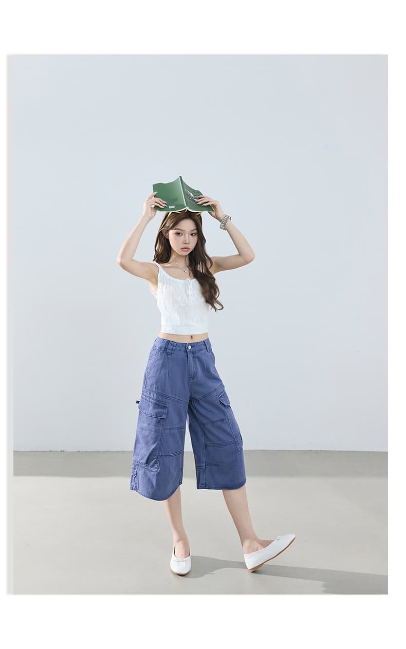 아메리칸 레트로 루즈핏 와이드 레그 팬츠 다용도 기타 주머니 워크웨어 7부 바지 청바지 여성 여름 상세 이미지 16