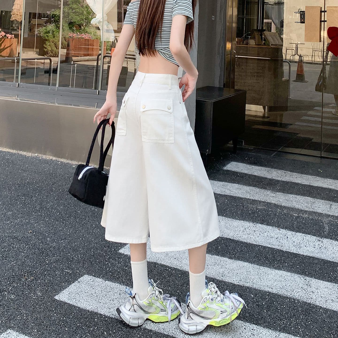 베이지 색 아메리칸 루즈핏 7 점 청바지 여성 여름 개성 디자인 루즈핏 넓은 다리 높음 거리 스트레이트 바지 여성 이미지 4