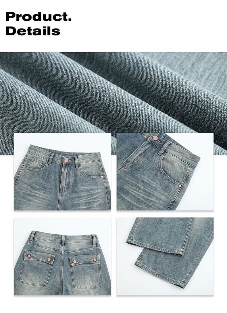 베이지 색 아메리칸 루즈핏 7 점 청바지 여성 여름 개성 디자인 루즈핏 넓은 다리 높음 거리 스트레이트 바지 여성 상세 이미지 10