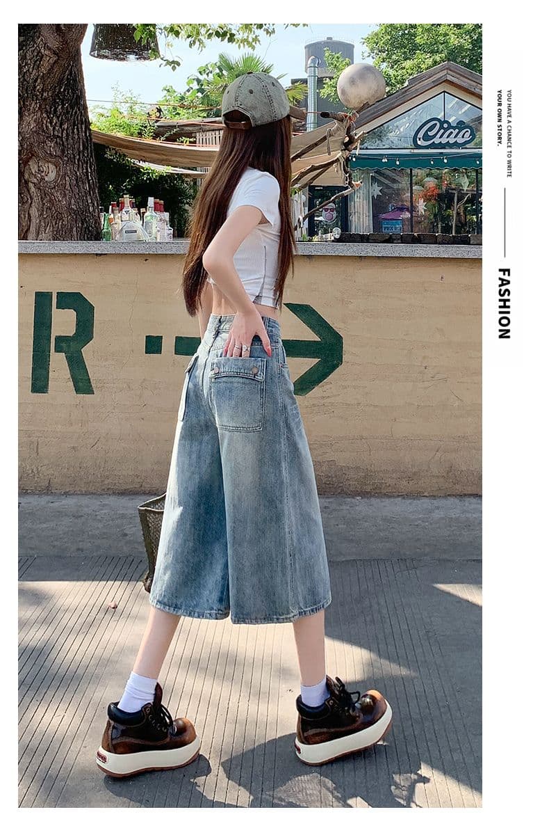 베이지 색 아메리칸 루즈핏 7 점 청바지 여성 여름 개성 디자인 루즈핏 넓은 다리 높음 거리 스트레이트 바지 여성 상세 이미지 14