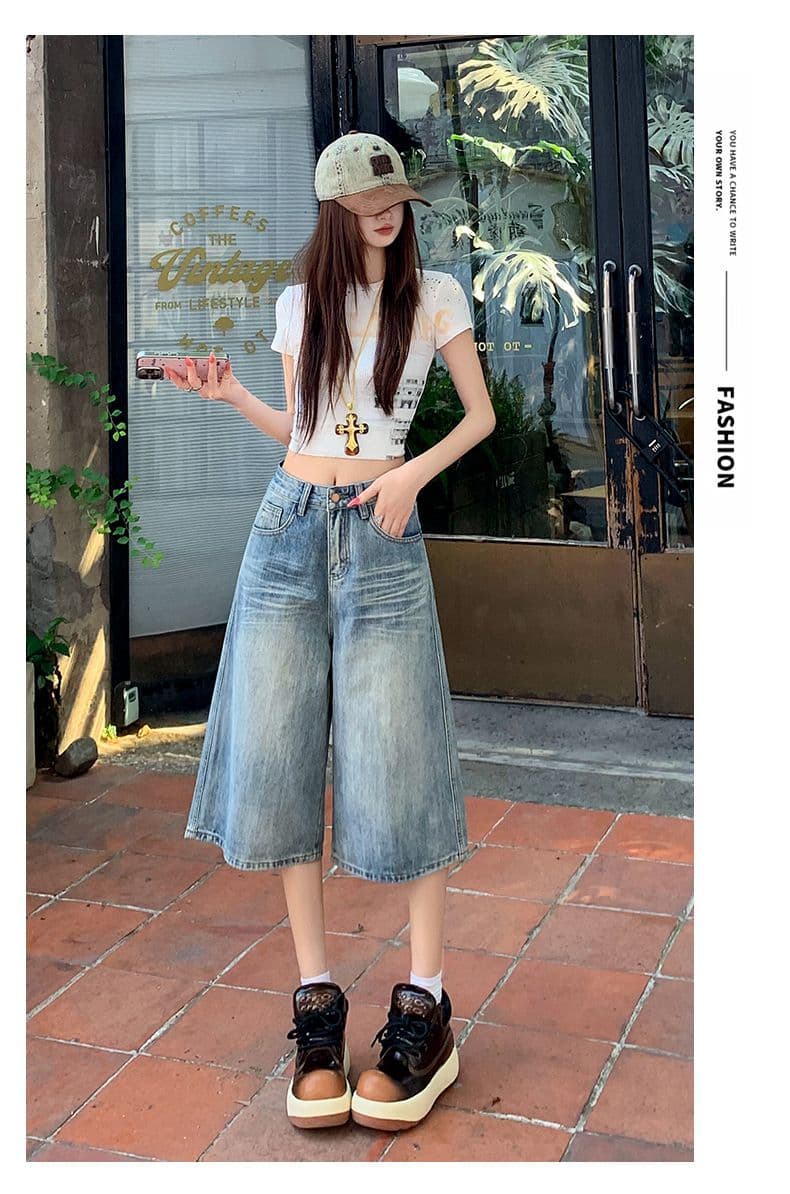베이지 색 아메리칸 루즈핏 7 점 청바지 여성 여름 개성 디자인 루즈핏 넓은 다리 높음 거리 스트레이트 바지 여성 상세 이미지 16