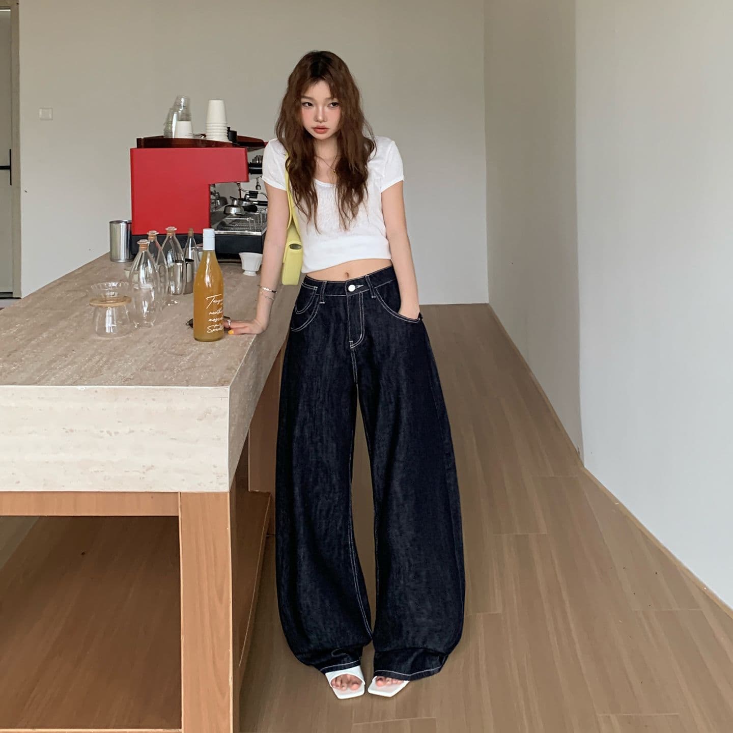아메리칸 레트로 루즈핏 와이드 레그 팬츠 다용도 모통이 칼 바지 등 허리 수 있습니다. 조정 버클 디자인 청바지 여성 새로운 이미지 2