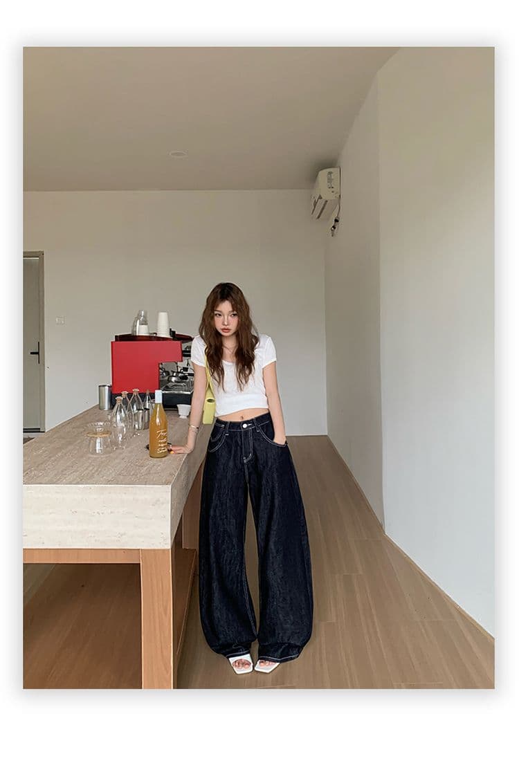 아메리칸 레트로 루즈핏 와이드 레그 팬츠 다용도 모통이 칼 바지 등 허리 수 있습니다. 조정 버클 디자인 청바지 여성 새로운 상세 이미지 11