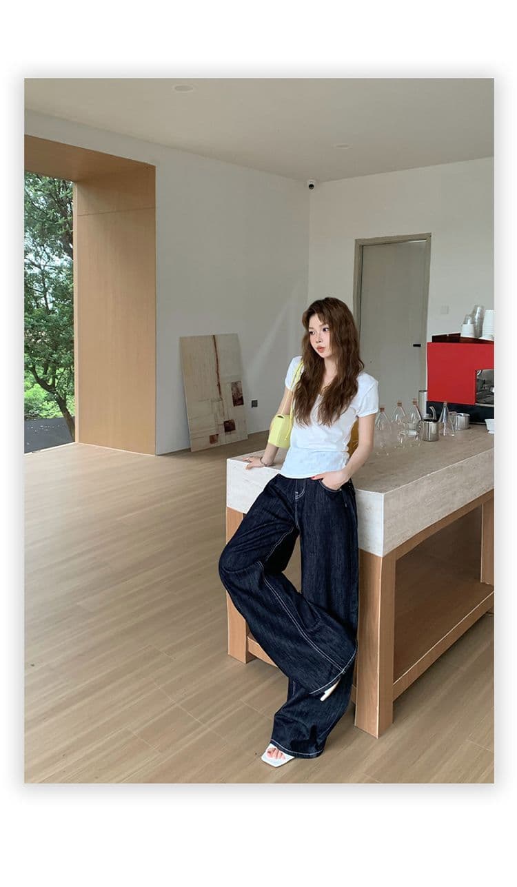 아메리칸 레트로 루즈핏 와이드 레그 팬츠 다용도 모통이 칼 바지 등 허리 수 있습니다. 조정 버클 디자인 청바지 여성 새로운 상세 이미지 13