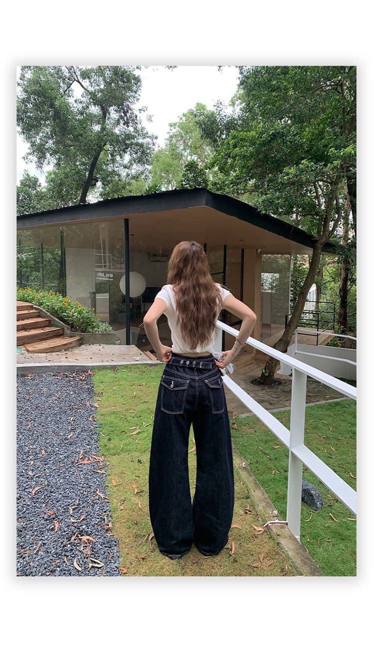 아메리칸 레트로 루즈핏 와이드 레그 팬츠 다용도 모통이 칼 바지 등 허리 수 있습니다. 조정 버클 디자인 청바지 여성 새로운 상세 이미지 24