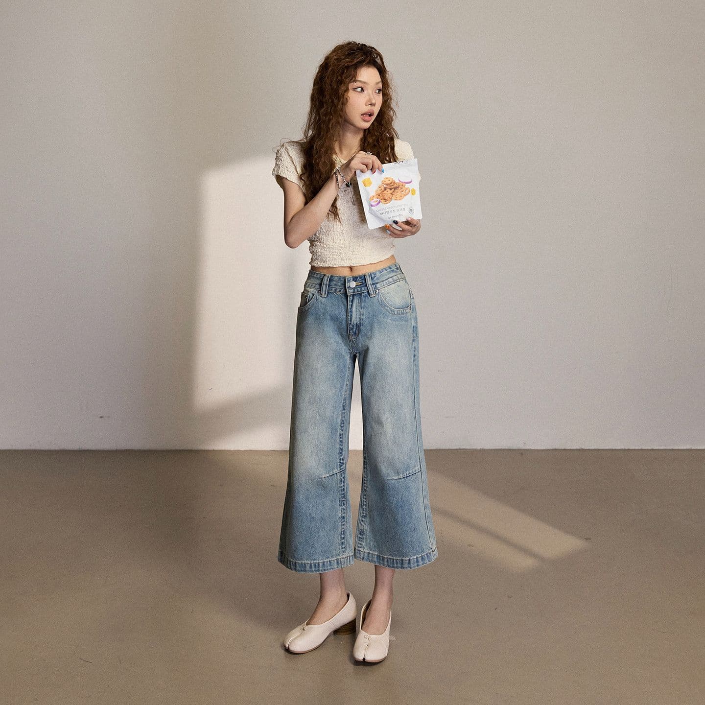 아메리칸 레트로 마 오래된 로우 웨이스트 루즈핏 나팔 바지 도루 센스 다용도 7부 바지 여름 새로운 청바지 여성