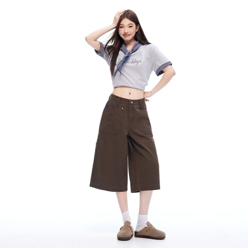 새로운 커피 색상 아메리칸 레트로 리버스 마모 디자인 센스 캐주얼 여성 루즈핏 스트레이트 넓은 다리 7부 바지 이미지 5