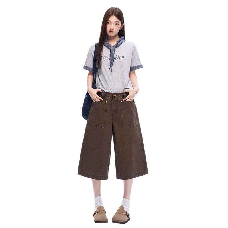 새로운 커피 색상 아메리칸 레트로 리버스 마모 디자인 센스 캐주얼 여성 루즈핏 스트레이트 넓은 다리 7부 바지 이미지 3