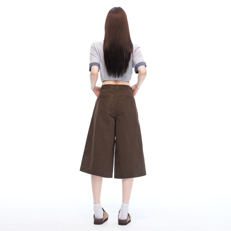 새로운 커피 색상 아메리칸 레트로 리버스 마모 디자인 센스 캐주얼 여성 루즈핏 스트레이트 넓은 다리 7부 바지 이미지 4