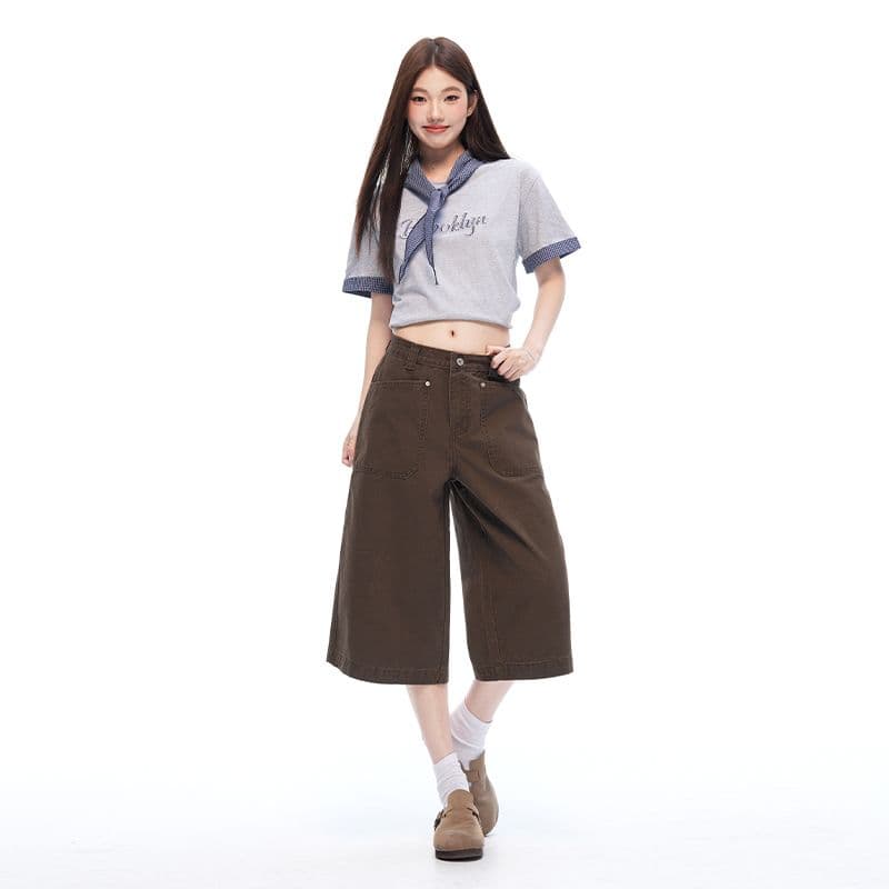 새로운 커피 색상 아메리칸 레트로 리버스 마모 디자인 센스 캐주얼 여성 루즈핏 스트레이트 넓은 다리 7부 바지