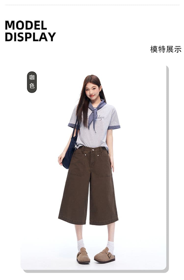 새로운 커피 색상 아메리칸 레트로 리버스 마모 디자인 센스 캐주얼 여성 루즈핏 스트레이트 넓은 다리 7부 바지 상세 이미지 5