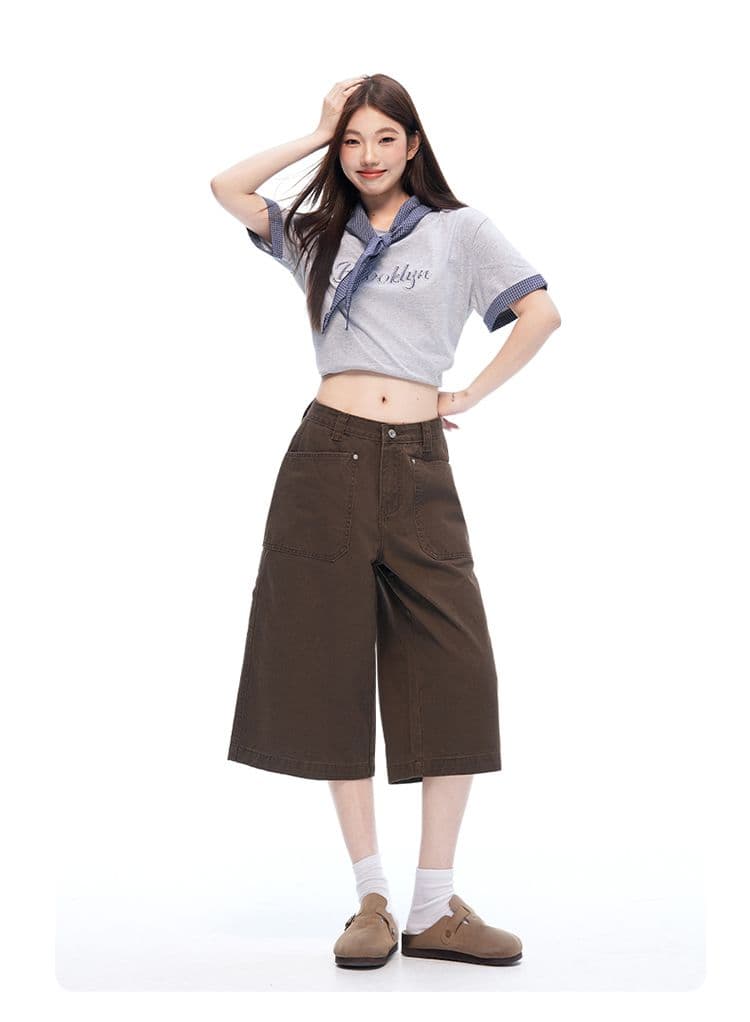 새로운 커피 색상 아메리칸 레트로 리버스 마모 디자인 센스 캐주얼 여성 루즈핏 스트레이트 넓은 다리 7부 바지 상세 이미지 10