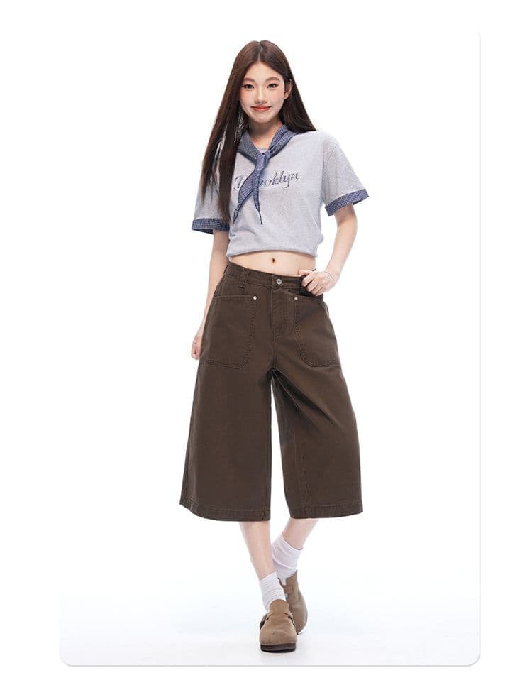 새로운 커피 색상 아메리칸 레트로 리버스 마모 디자인 센스 캐주얼 여성 루즈핏 스트레이트 넓은 다리 7부 바지 상세 이미지 11