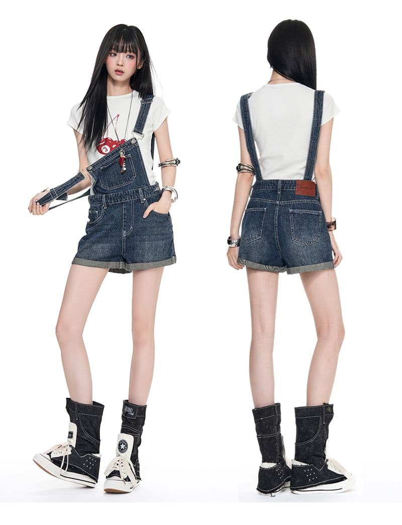 아메리칸 레트로 외국 가스 연령 감소 뒤집다 측면 데님 멜빵 반바지 여성 상세 이미지 6