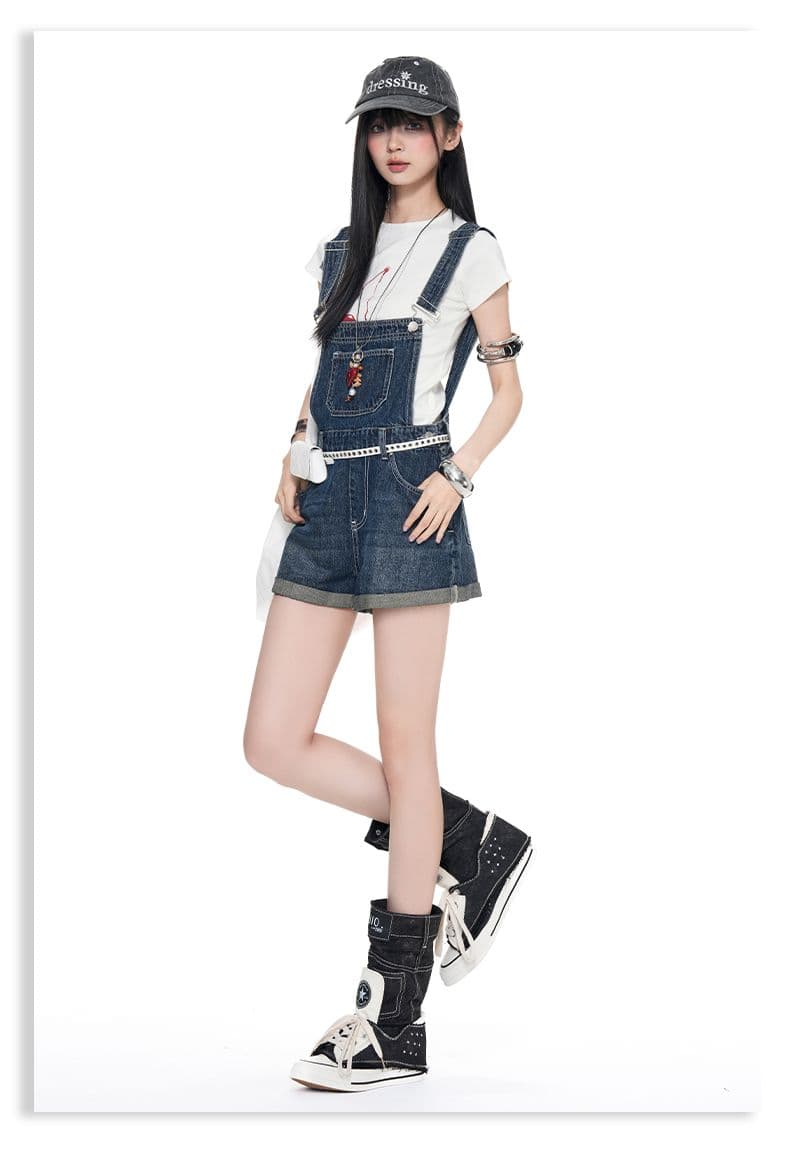 아메리칸 레트로 외국 가스 연령 감소 뒤집다 측면 데님 멜빵 반바지 여성 상세 이미지 9