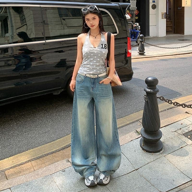 블루스 켄팅 도루 피하다. 부드러운 데님 고차 워싱 연삭 흰 머리카락 반드시 넓은 다리 청바지 이미지 5