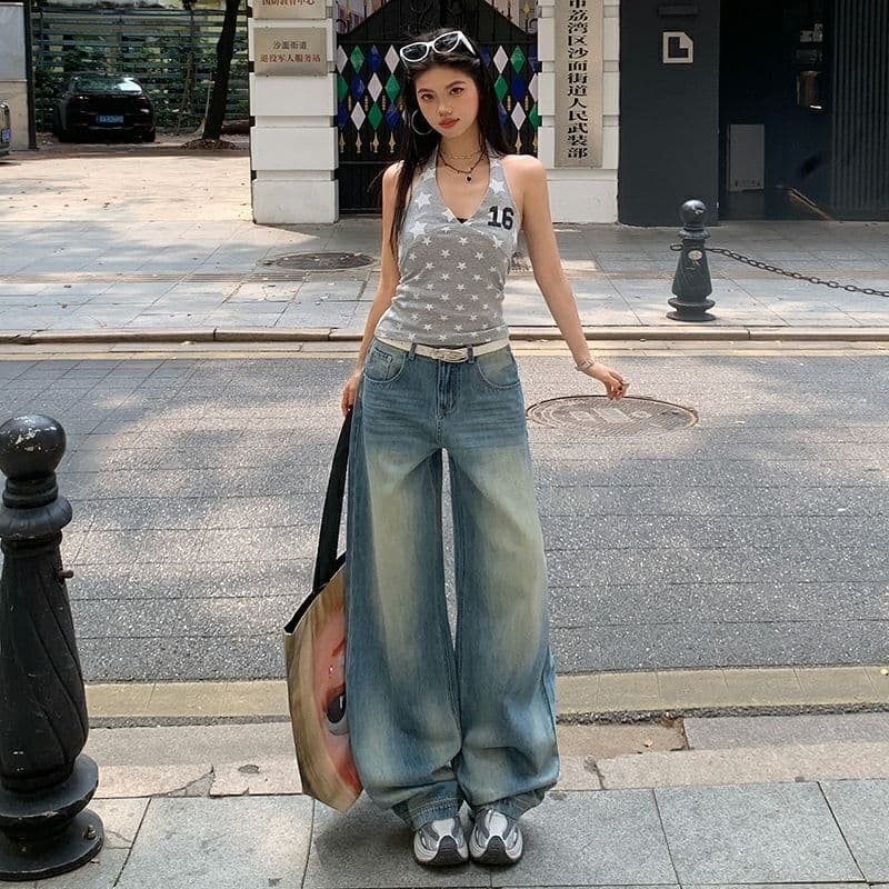 블루스 켄팅 도루 피하다. 부드러운 데님 고차 워싱 연삭 흰 머리카락 반드시 넓은 다리 청바지