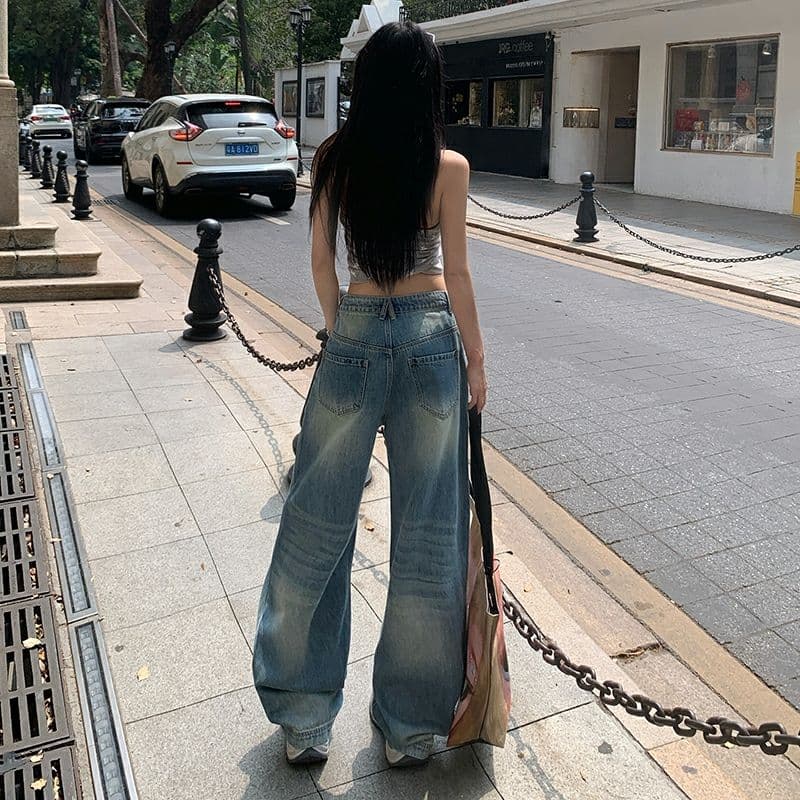 블루스 켄팅 도루 피하다. 부드러운 데님 고차 워싱 연삭 흰 머리카락 반드시 넓은 다리 청바지 이미지 4