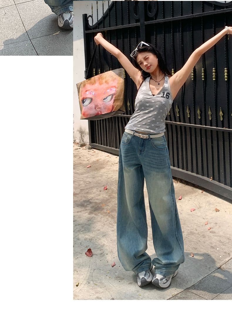 블루스 켄팅 도루 피하다. 부드러운 데님 고차 워싱 연삭 흰 머리카락 반드시 넓은 다리 청바지 상세 이미지 10