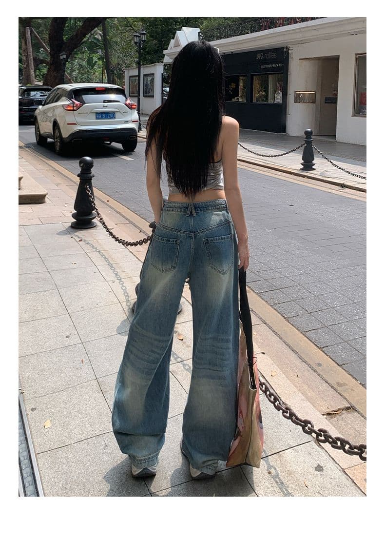블루스 켄팅 도루 피하다. 부드러운 데님 고차 워싱 연삭 흰 머리카락 반드시 넓은 다리 청바지 상세 이미지 12