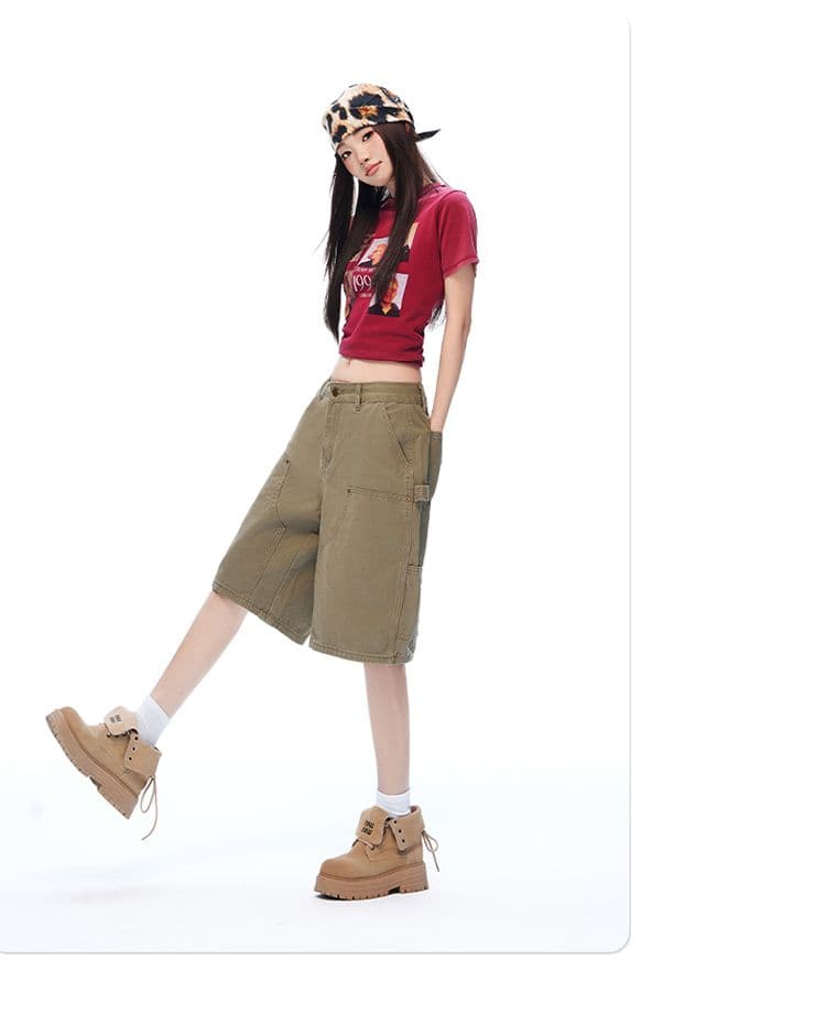 새로운 깊은 카키 워싱 마 오래된 기타 주머니 야외 오부 바지 캐주얼 워크웨어 반바지 남녀 상세 이미지 6