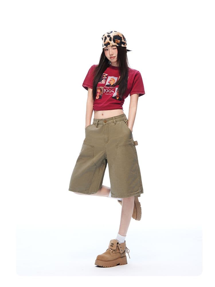 새로운 깊은 카키 워싱 마 오래된 기타 주머니 야외 오부 바지 캐주얼 워크웨어 반바지 남녀 상세 이미지 10
