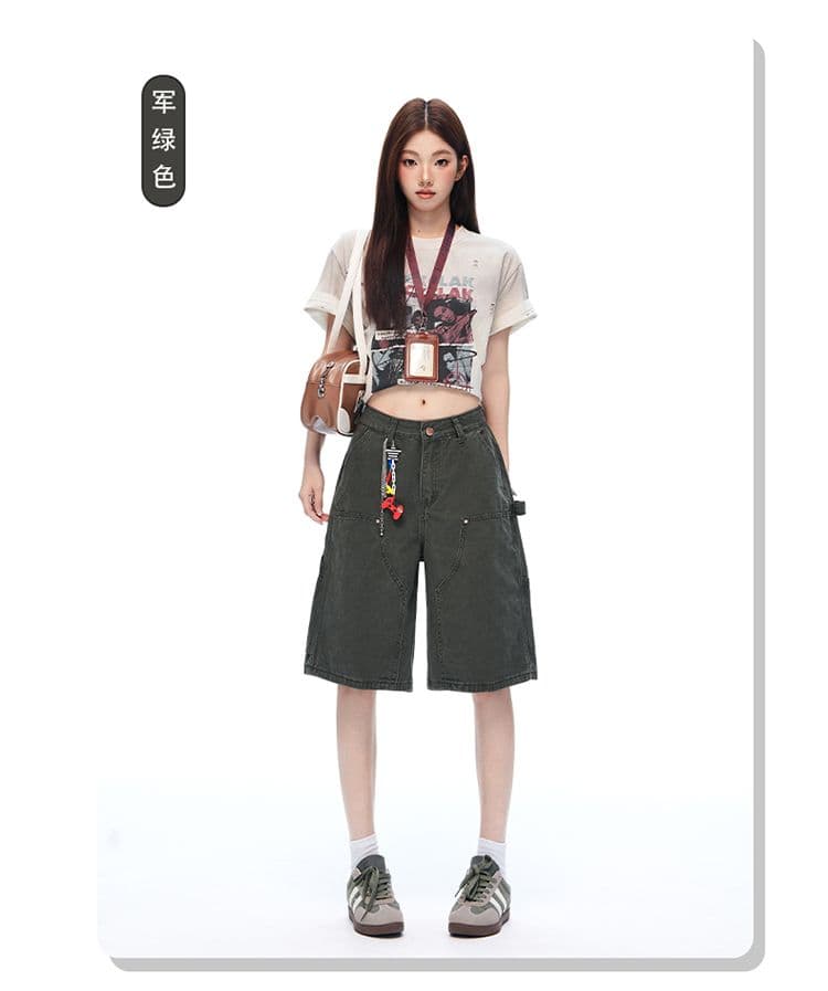 새로운 깊은 카키 워싱 마 오래된 기타 주머니 야외 오부 바지 캐주얼 워크웨어 반바지 남녀 상세 이미지 12