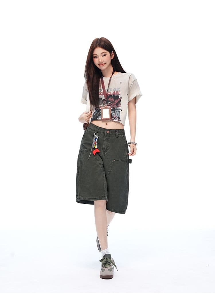 새로운 깊은 카키 워싱 마 오래된 기타 주머니 야외 오부 바지 캐주얼 워크웨어 반바지 남녀 상세 이미지 15