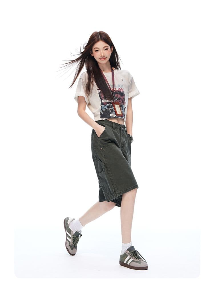 새로운 깊은 카키 워싱 마 오래된 기타 주머니 야외 오부 바지 캐주얼 워크웨어 반바지 남녀 상세 이미지 17