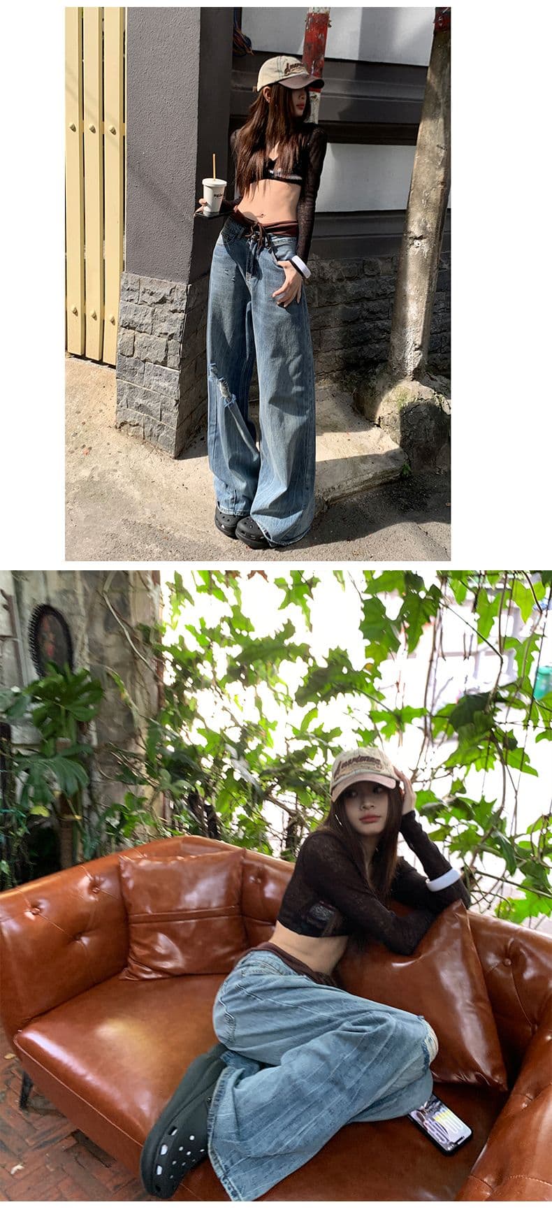 치앙마이 일상 여름 거리 느슨함 센스 질감 찢어진 부분 루즈핏 슬림해 보이는 캐주얼 다용도 데님 상세 이미지 6