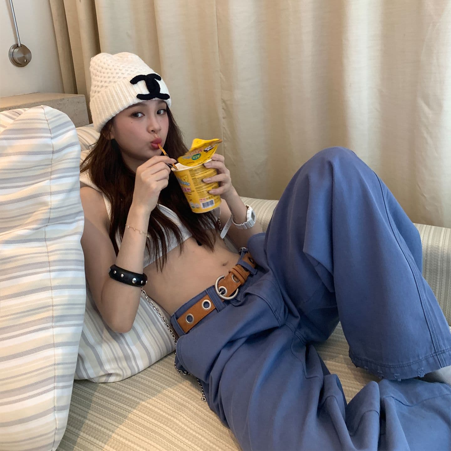 품격 법 블루 느슨함 질감 워크웨어 펌프 로프 슬림해 보이는 패션 싱글 제품 다용도 청바지 이미지 3