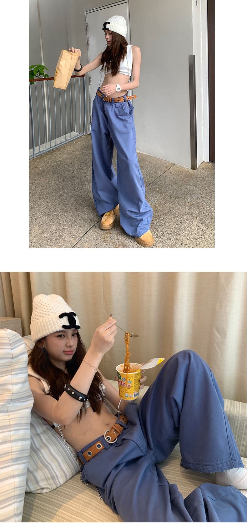 품격 법 블루 느슨함 질감 워크웨어 펌프 로프 슬림해 보이는 패션 싱글 제품 다용도 청바지 상세 이미지 6
