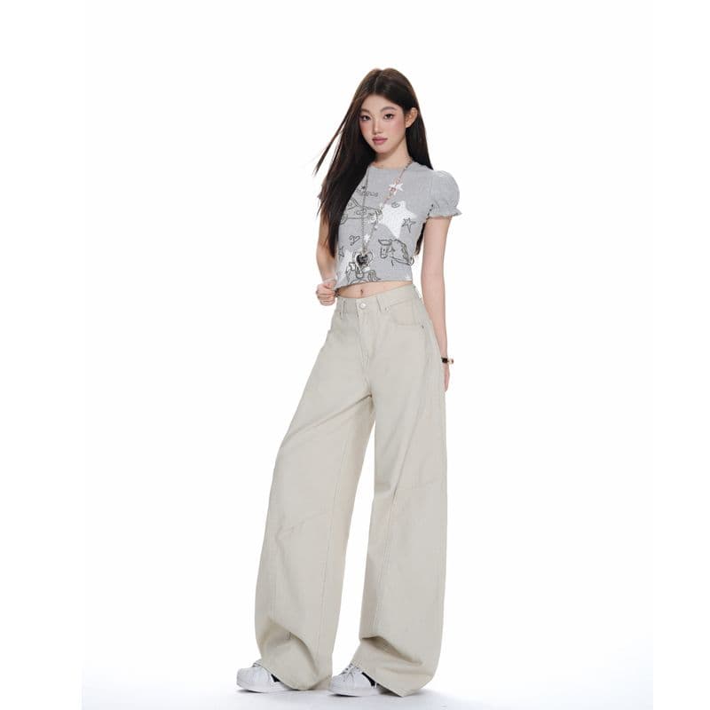 베이지 색 워크웨어 팬츠 순수한 면 바지 여성 스트레이트 루즈핏 해체 디자인 캐주얼 와이드 레그 팬츠 이미지 2