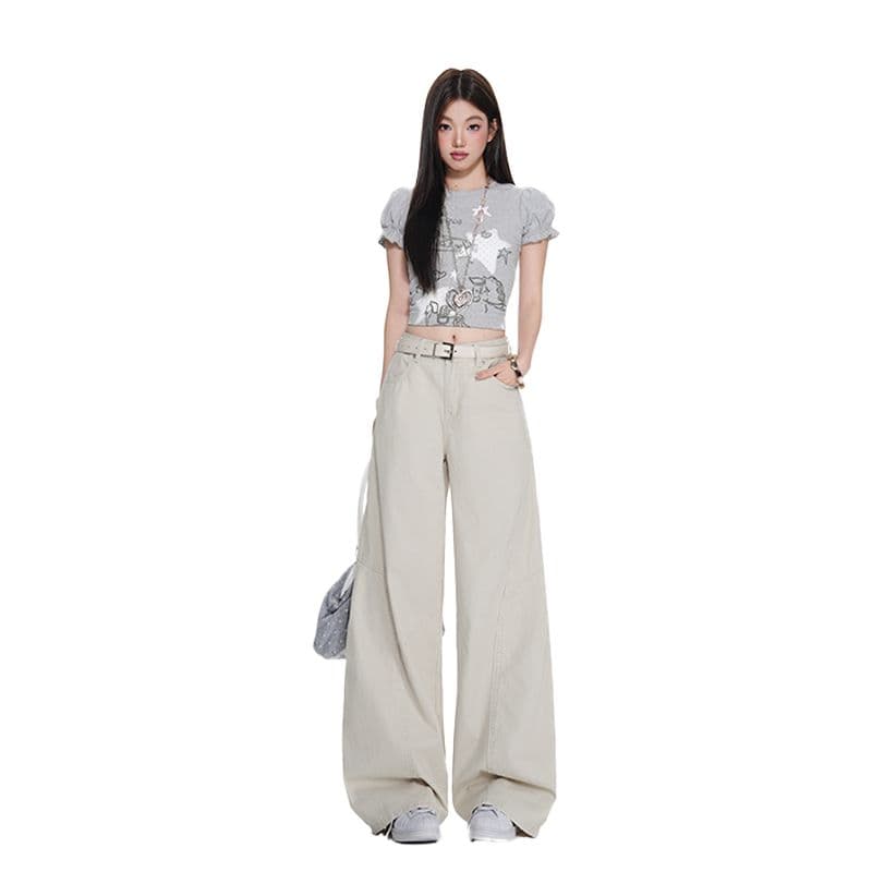 베이지 색 워크웨어 팬츠 순수한 면 바지 여성 스트레이트 루즈핏 해체 디자인 캐주얼 와이드 레그 팬츠 이미지 4