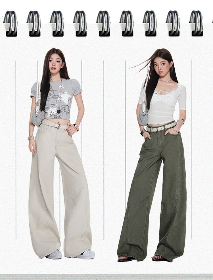 베이지 색 워크웨어 팬츠 순수한 면 바지 여성 스트레이트 루즈핏 해체 디자인 캐주얼 와이드 레그 팬츠 상세 이미지 2