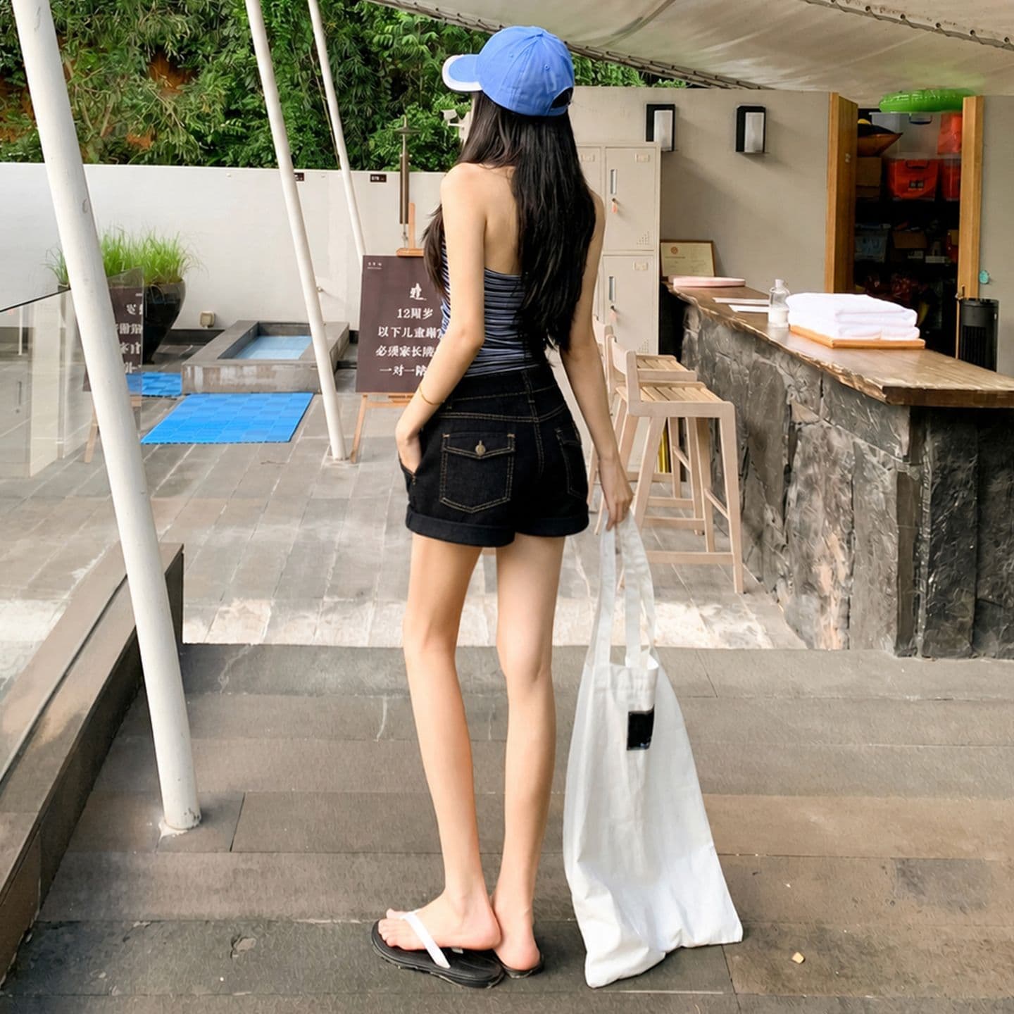 아메리칸 레트로 뒤집다 측면 디자인 국방 퇴색하다 넓은 다리 데님 반바지 여성 이미지 3