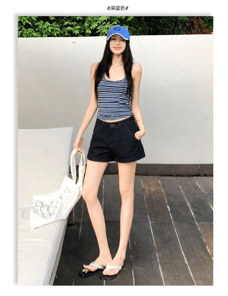 아메리칸 레트로 뒤집다 측면 디자인 국방 퇴색하다 넓은 다리 데님 반바지 여성 상세 이미지 7