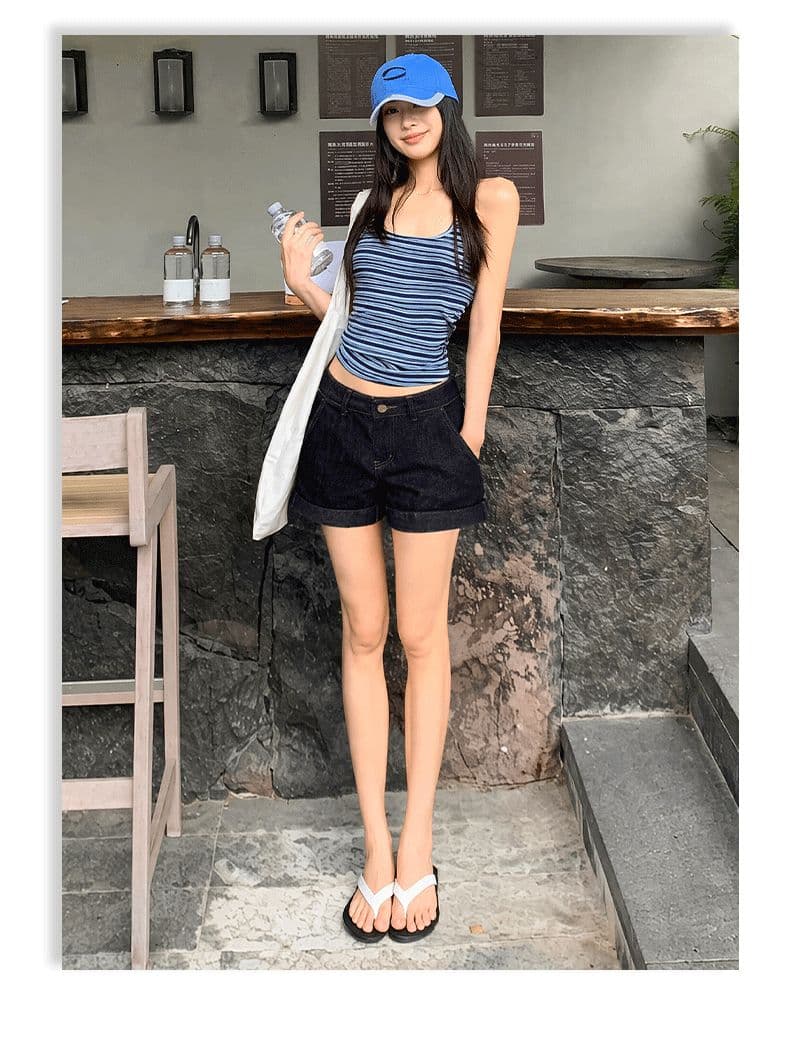 아메리칸 레트로 뒤집다 측면 디자인 국방 퇴색하다 넓은 다리 데님 반바지 여성 상세 이미지 8