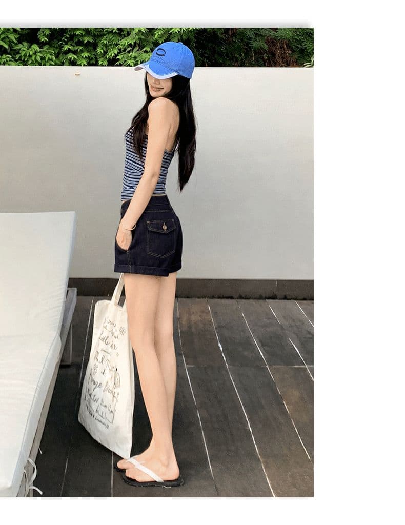아메리칸 레트로 뒤집다 측면 디자인 국방 퇴색하다 넓은 다리 데님 반바지 여성 상세 이미지 10