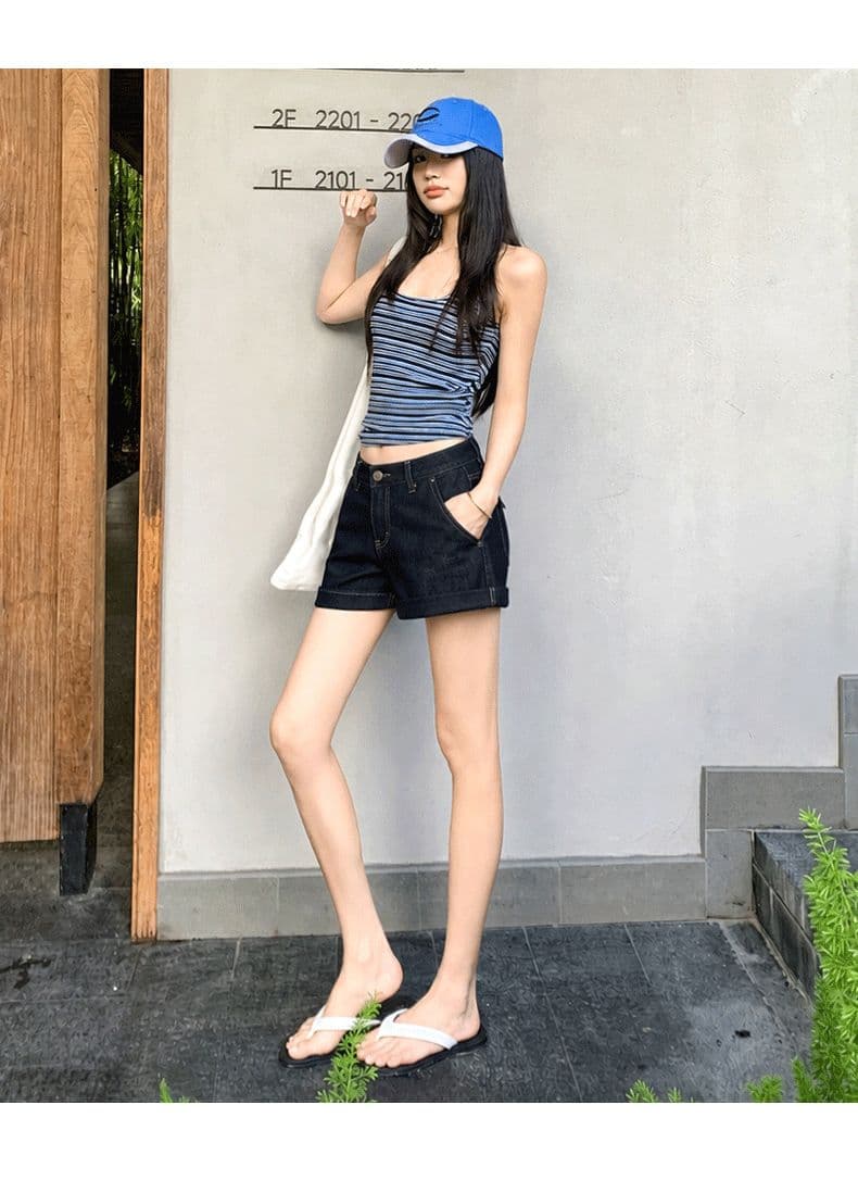 아메리칸 레트로 뒤집다 측면 디자인 국방 퇴색하다 넓은 다리 데님 반바지 여성 상세 이미지 11