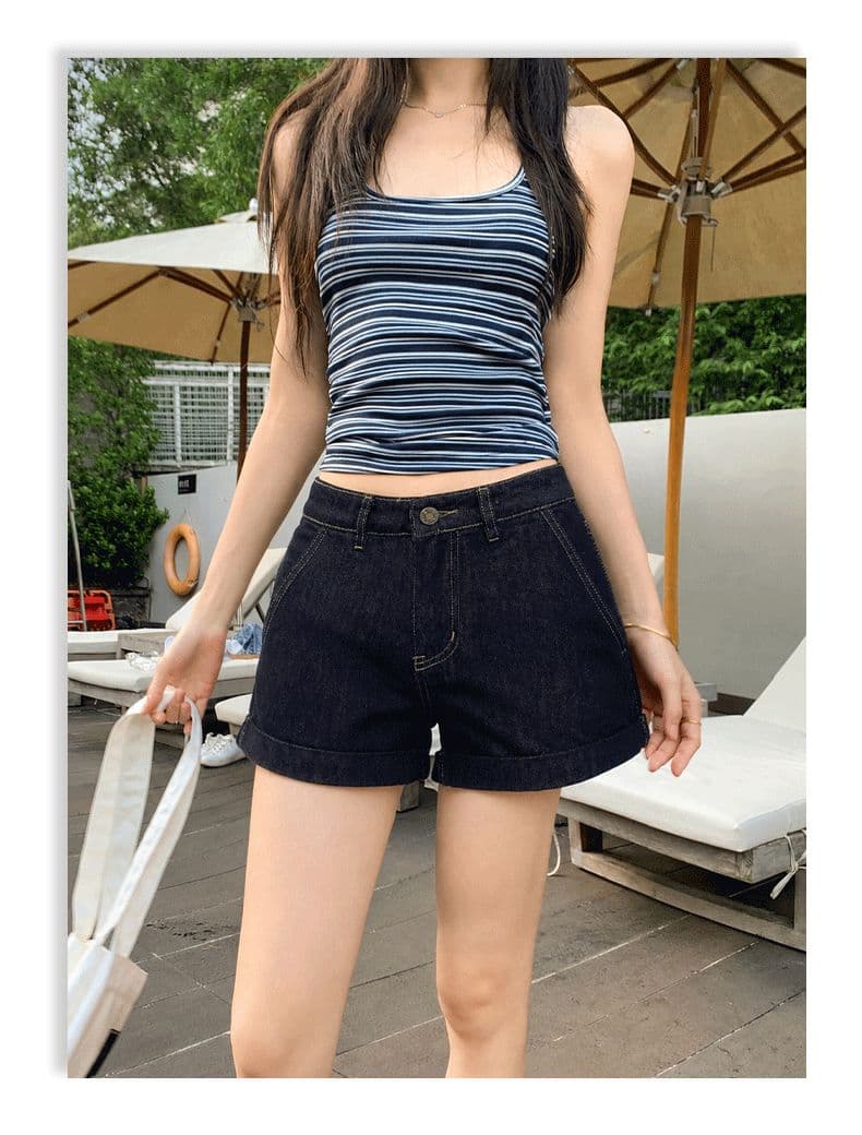 아메리칸 레트로 뒤집다 측면 디자인 국방 퇴색하다 넓은 다리 데님 반바지 여성 상세 이미지 13