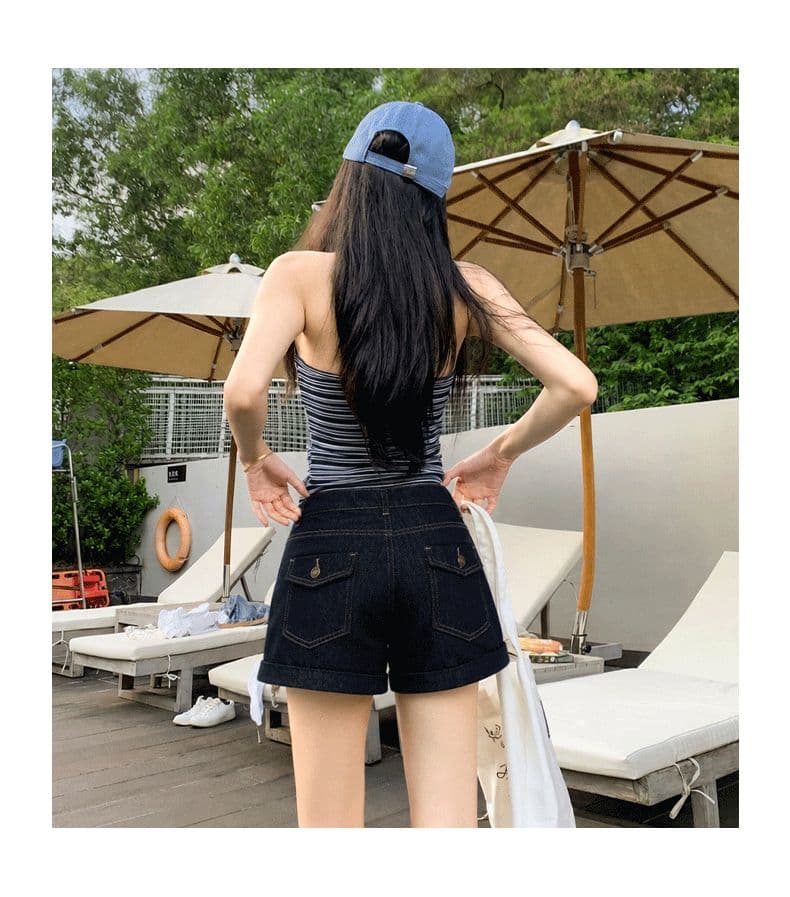 아메리칸 레트로 뒤집다 측면 디자인 국방 퇴색하다 넓은 다리 데님 반바지 여성 상세 이미지 16