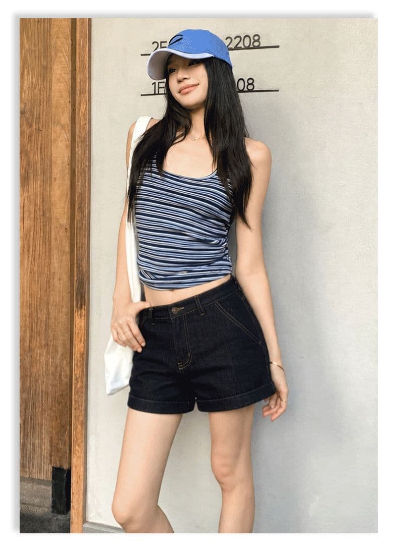 아메리칸 레트로 뒤집다 측면 디자인 국방 퇴색하다 넓은 다리 데님 반바지 여성 상세 이미지 18