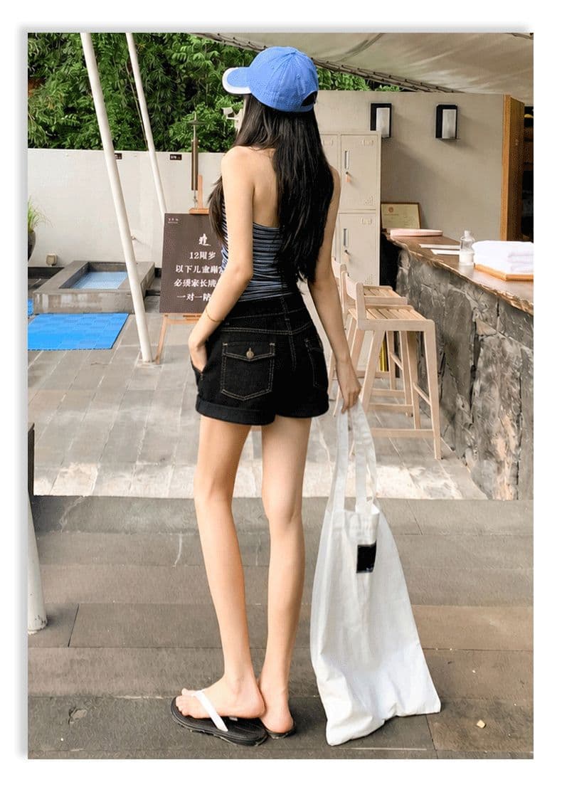 아메리칸 레트로 뒤집다 측면 디자인 국방 퇴색하다 넓은 다리 데님 반바지 여성 상세 이미지 20