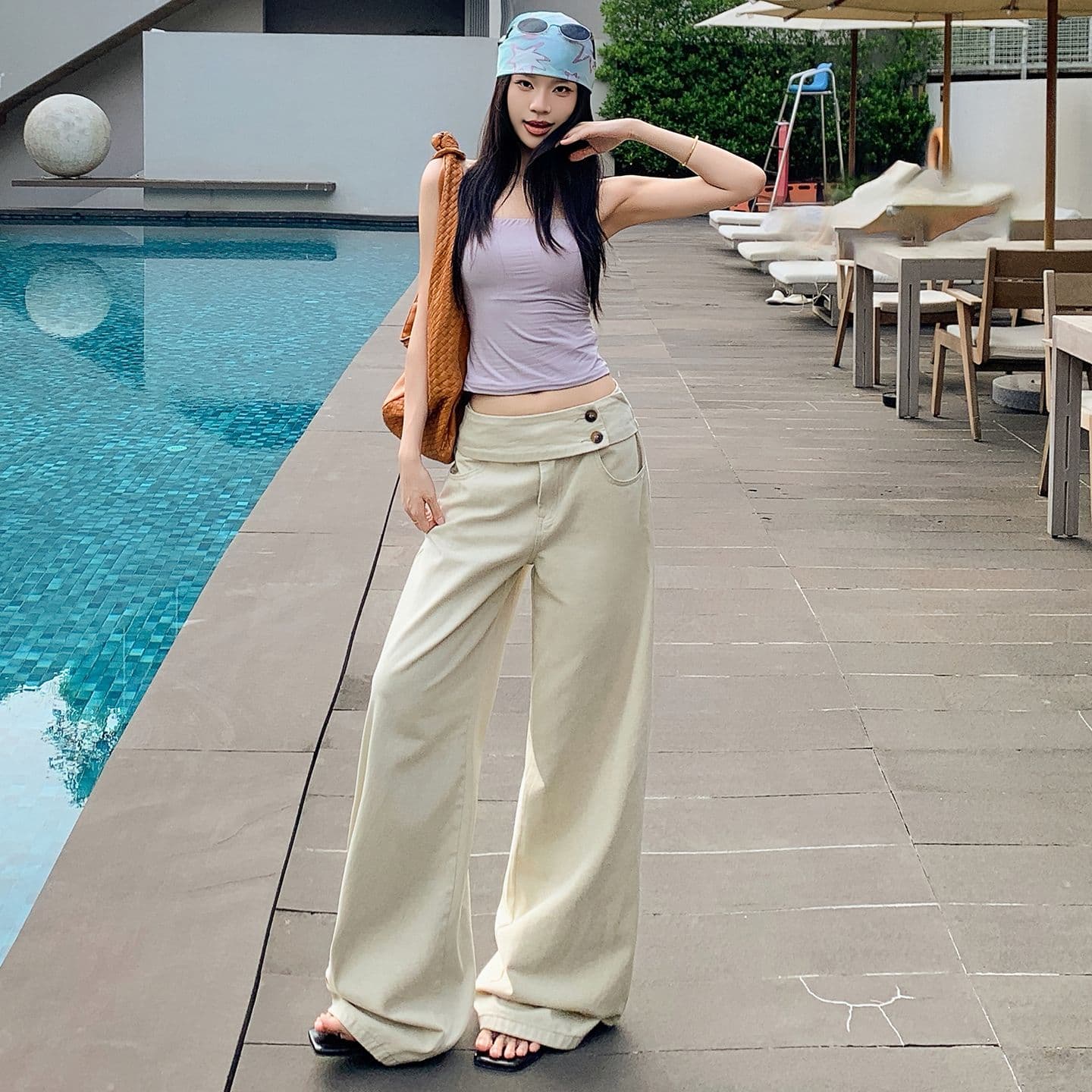 아메리칸 레트로 더블 버클 허리 머리 표지 넓적 다리 캐주얼 루즈핏 넓은 다리 청바지 여성